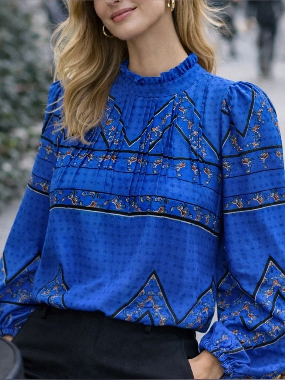 Boho Blue Blouse Balloon Sleeve Ruffle Neck Lightweight S